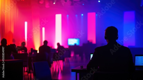 Colorful stage performance viewed from the back.