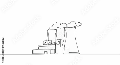 A line drawing of a modern factory with smoke stacks. A graphic image perfect for representing Industry