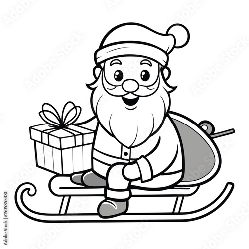 Jolly santa claus sitting on a sleigh holding a gift box festive christmas illustration