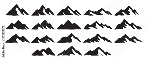 Set of vector mountain silhouette or vintage hill peak outline for forest logo or nature landscape design. Mountain silhouette pattern for hiking or camping business. Summer mountain travel line art.