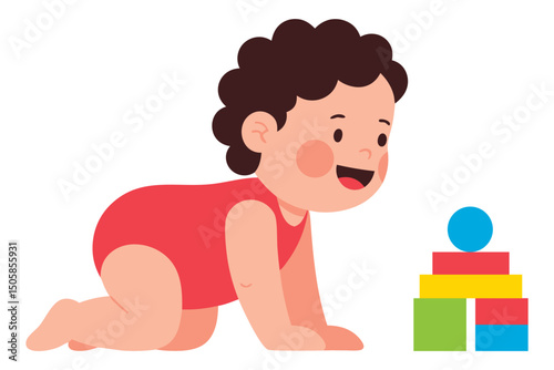 Cute Cartoon Baby Crawling Toward Colorful Building Blocks in Playful Illustration