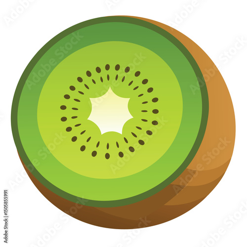 Perfectly sliced kiwi fruit showing interior details and outer brown skin on white background