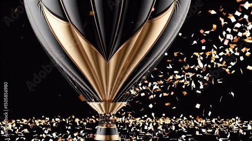 Celebration scene floating gold balloons glitter confetti black background offering stylish looped animation backdrop ideal holiday parties social posts