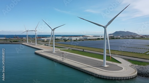 Aerial View of a Modern Wind Farm Along a Coastal Landscape Generating Renewable Energy from Offshore Wind Turbines