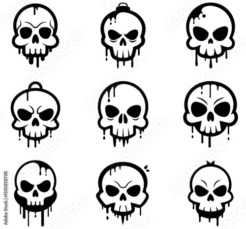 Dripping Skull Icons Bundle – Set of 9 Black and White Gothic Skull Illustrations
