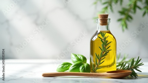 Herbal Oil Bottle with Fresh Leaves on Marble