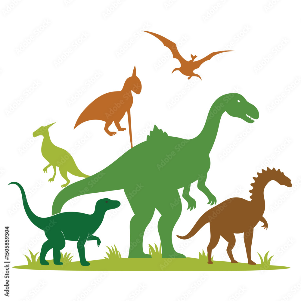 Obraz premium Silhouettes of various prehistoric dinosaurs in green brown and orange on a white background