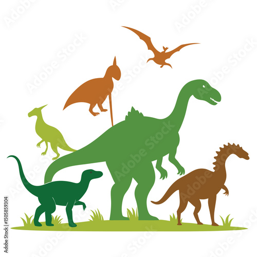 Silhouettes of various prehistoric dinosaurs in green brown and orange on a white background
