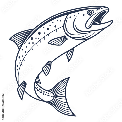 Line Art Salmon Illustration Detailed Black and White Fish Design with CMYK Colors