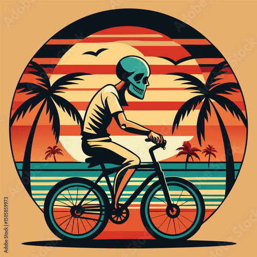Skeleton rides bicycle near palm trees and sunset in a tropical paradise illustration