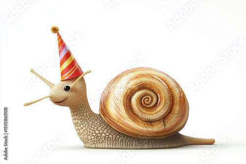 A macro close-up of a small brown garden snail with a spiral shell crawling slowly on a white background, showing the slimy gastropod mollusk isolated as a single animal in nature