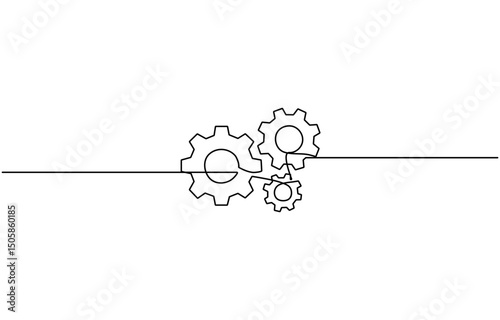  Continuous line drawing of machine gear. Single one line drawing illustration of gear wheel, Moving linear three cog gears. 