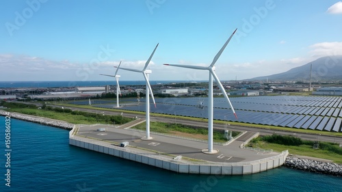 Aerial View of a Modern Wind Farm Along a Coastal Landscape Generating Renewable Energy from Offshore Wind Turbines