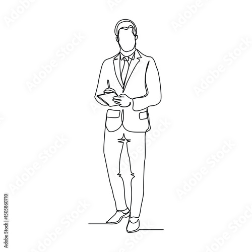 Continuous line drawing of male worker standing while write business note from mentor on paper notes. One single line sketch business man workshop concept. vector illustration editable stroke