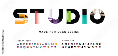 Vector multicolour geometric alphabet. Latin decorative font symbols and elements for logo design. Overlapping creative font isolated on white and Black background.