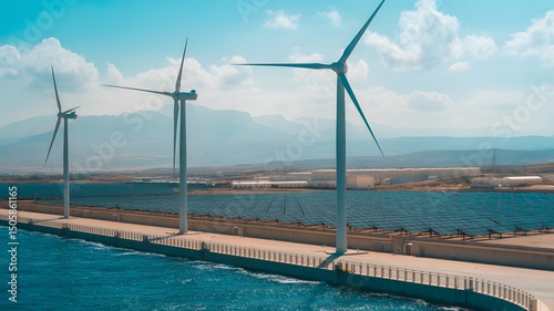 Aerial View of a Modern Wind Farm Along a Coastal Landscape Generating Renewable Energy from Offshore Wind Turbines
