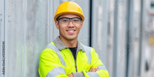 dynamic angle photo of friendly asian american electrician, dynamic pose 