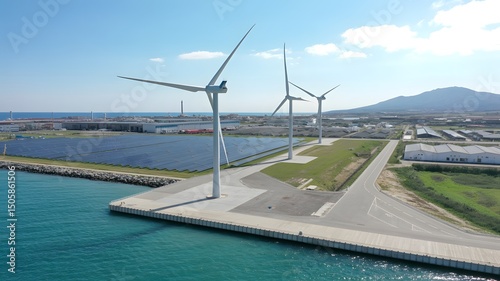 Aerial View of a Modern Wind Farm Along a Coastal Landscape Generating Renewable Energy from Offshore Wind Turbines