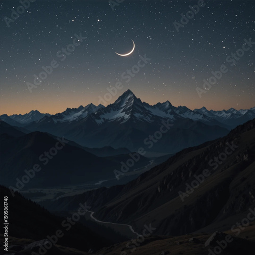 Night sky over majestic mountains, crescent moon and stars.