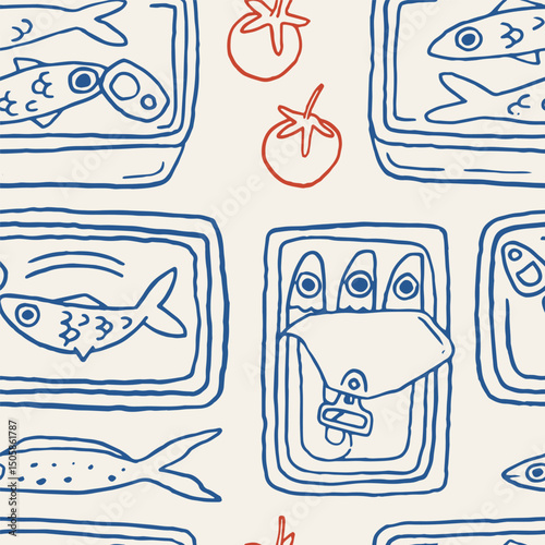 Seamless pattern with canned sardines illustrations in vintage style. Hand-drawn coastal kitchen background sardines fish, tomatoes in red and blue. Summer vector retro seafood wallpaper design.