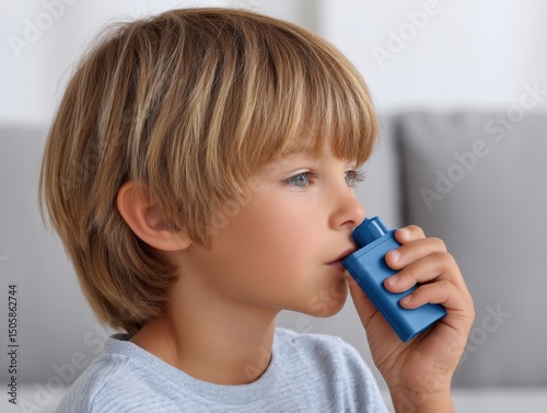 Wallpaper Mural Young boy using an inhaler at home, focusing on health and wellness amidst asthma management. Torontodigital.ca