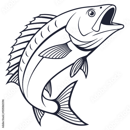 Line Art Snapper Fish Illustration with Black and White Elements and Color Accents