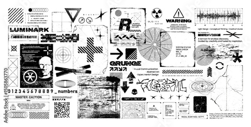 Old industrial inscriptions, grunge textures, overlay stamps, signs and symbols with the effect of damage, scratches, torn, worn. Grunge overlay stamps, retrofuturistic tables and inscriptions. Vector