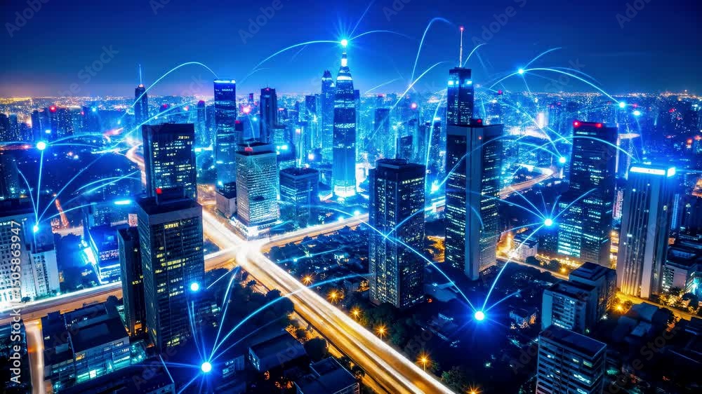 custom made wallpaper toronto digitalTop down night view of a smart city skyline interconnected by glowing blue lines, symbolizing digital communication, IoT, and data networks in an urban infrastructure.