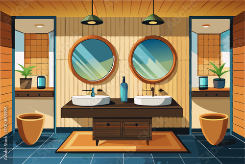vector of Private bathroom with wall-mounted wooden vanity and black sink and pill-shaped mirrors. Luxury hotel.