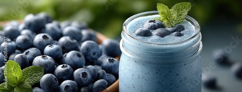 Bright blueberry smoothie served in a glass jar garnished with mint leaves, placed among fresh blueberries, captures a vibrant and health-focused snack idea ideal for weight watchers.