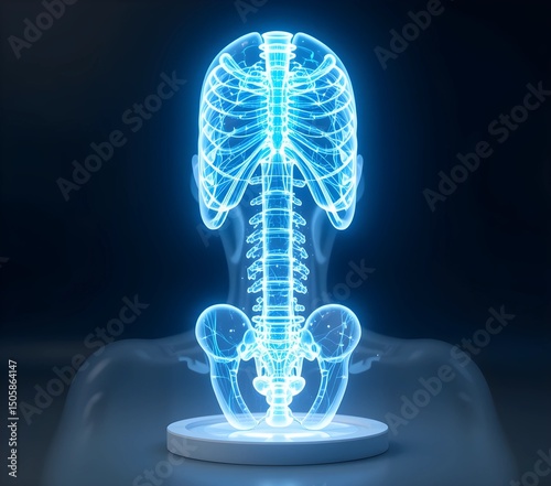 3D Glowing Human Skeleton on Abstract Dark Background Representing Digital Anatomy, Bone Structure, and Advanced Medical Visualization Technology for Healthcare and Education