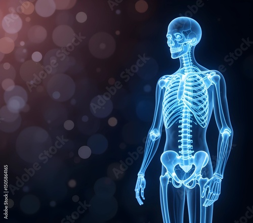3D Glowing Human Skeleton on Abstract Dark Background Representing Digital Anatomy, Bone Structure, and Advanced Medical Visualization Technology for Healthcare and Education