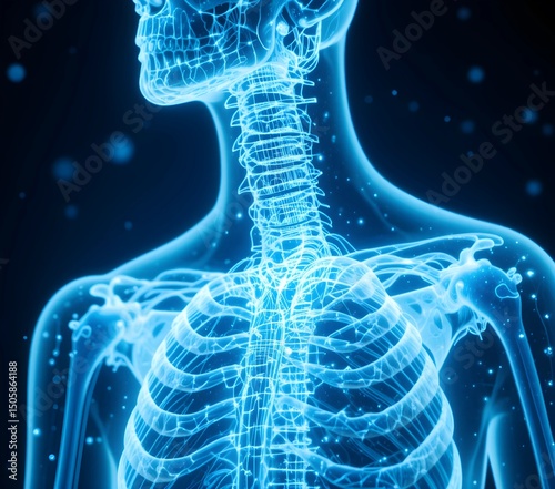 3D Glowing Human Skeleton on Abstract Dark Background Representing Digital Anatomy, Bone Structure, and Advanced Medical Visualization Technology for Healthcare and Education