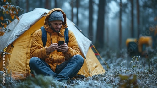 Man using phone near tent in frosty forest