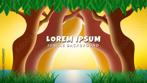 Glowing Jungle Lake Background. Colorful cartoon jungle scene with stylized trees, golden light over a calm lake, and lush greenery perfect for cheerful, nature-themed or children's content.