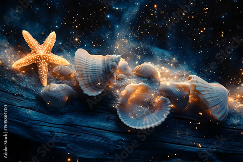 Glowing seashells and starfish on a dark wooden surface.