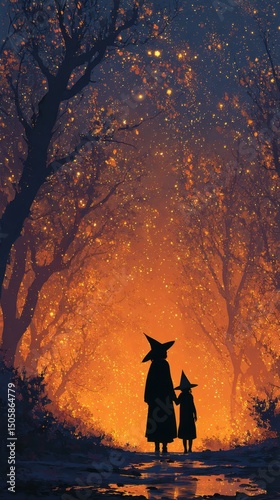 Witches walking in magical forest at night holding hands