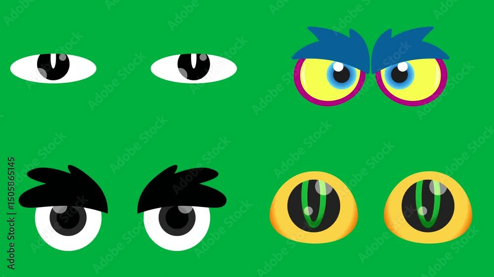 Four cartoon 2d eyes on green screen narrow eyes, angry blue, yellow cat, blue. Animated, chroma key, 4k, cartoon, ideal for stock video and creative edits. Four cartoon 2d eyes on green screen narrow eyes, angry blue, yellow cat, blue. Animated, chroma key, 4k, cartoon, ideal for stock video and creative edits.