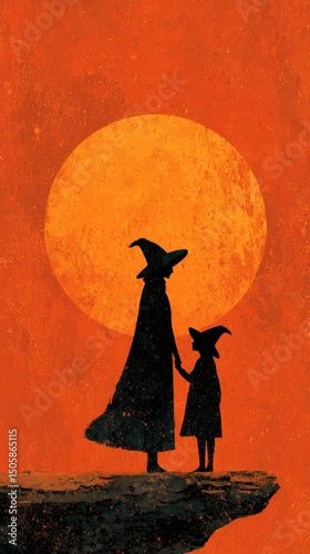 Witches holding hands on a cliff under big moon