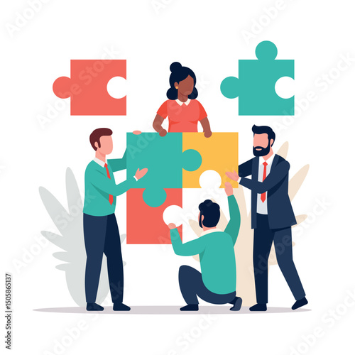 Teamwork and Business Collaboration Puzzle Assembly Vector Illustration.