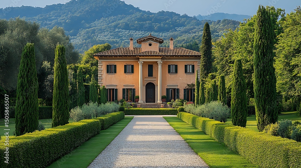 Obraz premium Elegant estate with columns and manicured green garden high resolution image