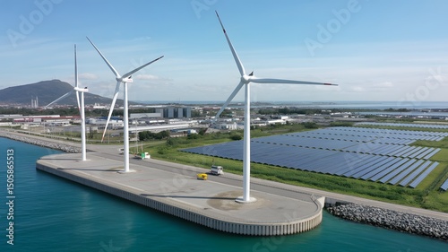 Aerial View of a Modern Wind Farm Along a Coastal Landscape Generating Renewable Energy from Offshore Wind Turbines