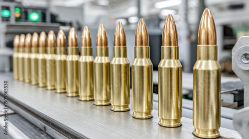 Shiny bullets lined up on a factory machine, ready for the next stage of production.