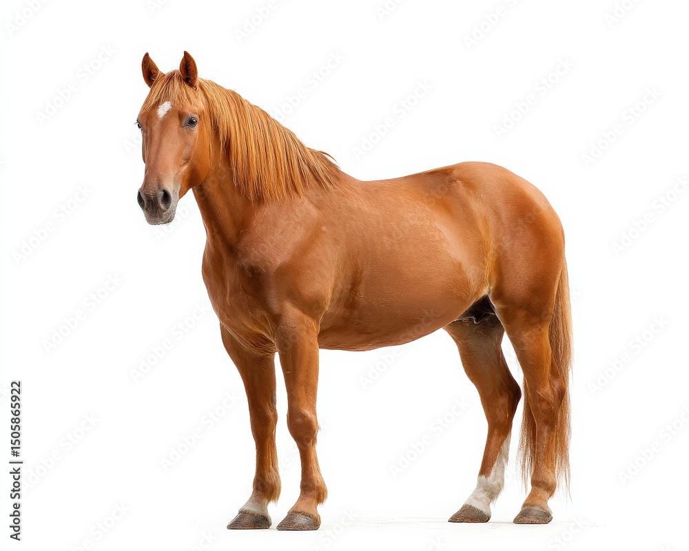 Naklejka premium Chestnut horse standing against a white background.
