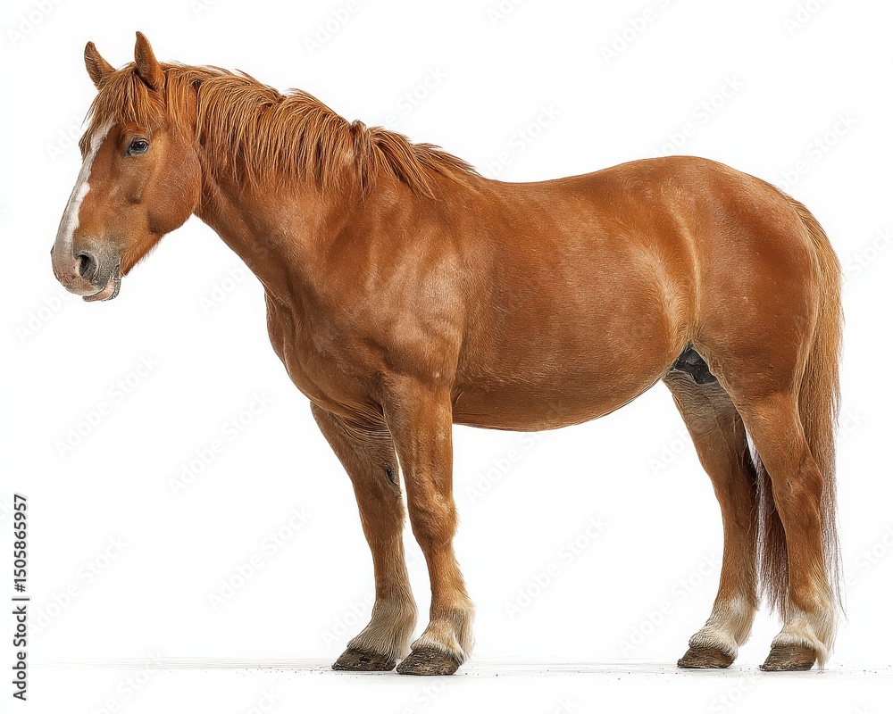 Fototapeta premium Chestnut horse standing against a white background.