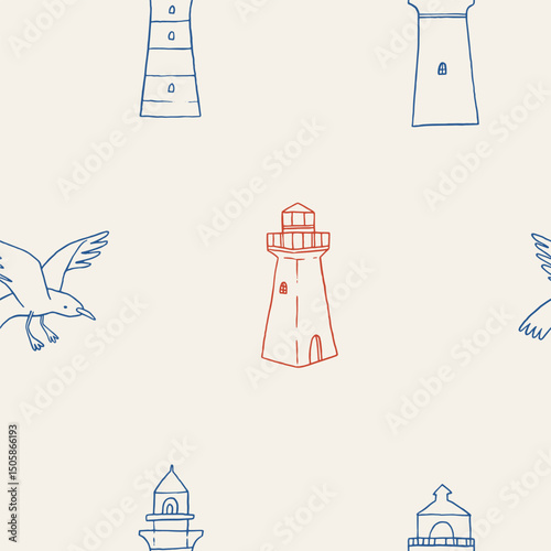 Seagulls and lighthouses seamless pattern, hand drawn marine elements. Nautical red and blue colored wallpaper. Vector vintage sea fisherman core illustration design. Ocean background
