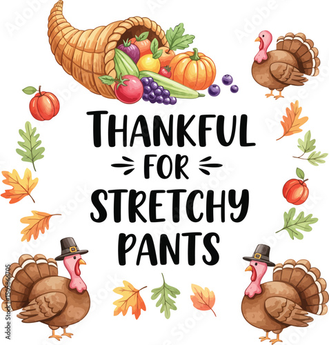 Festive Autumn Illustration Thankful and Comfortable, Watercolor Thanksgiving Turkeys and Cornucopia 