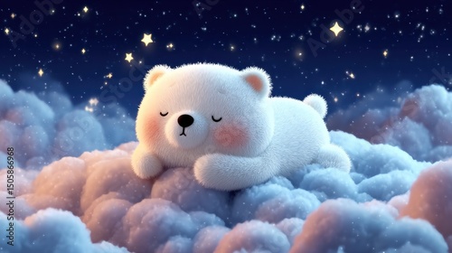 Cute polar bear cub sleeping peacefully on soft clouds under starry night sky