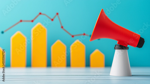 A red megaphone in front of yellow bar graphs and a line chart, symbolizing marketing, analytics, and business growth.