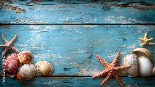 Assorted seashells and starfish on a weathered blue wooden surface.